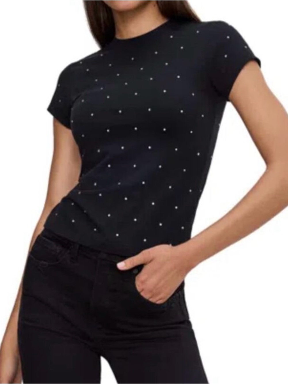 NWT Good American Rhinestone Short Sleeve Top, Black,  M